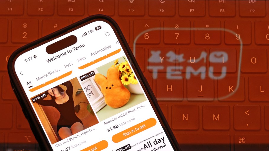 In this photo illustration, the Temu logo is displayed on a laptop on February 26, 2024 in San Anselmo, California.